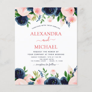 Flyer Boda de presupuesto Marina Azul Rubor Floral rosa