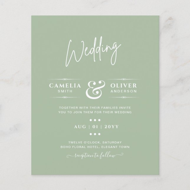 Flyer BODA DE PRESUPUESTO Sage Apple Green Monocrome Tex (Frente)