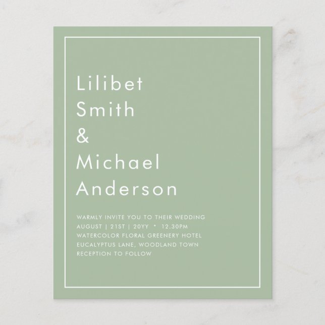 Flyer BODA DE PRESUPUESTO Sage Apple Green Monocrome Tex (Frente)