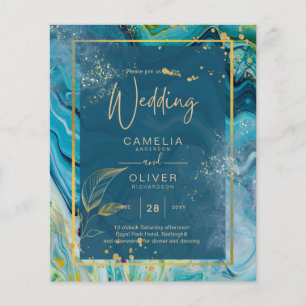 Flyer Boda de resumen de Peacock Blue Gold INK