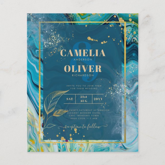 Flyer Boda de resumen de Peacock Blue Gold INK (Frente)