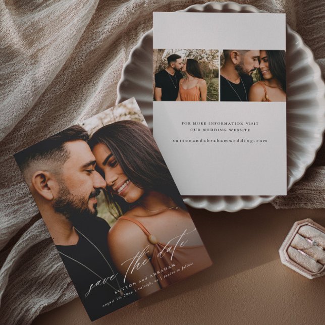 Flyer Boda de script de presupuesto Foto Guardar la fech (Elegant script simple 3 photo overlay wedding save the date announcement cards.)