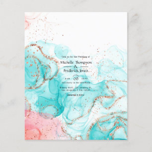 Flyer Boda de tinta de alcohol turquesa, coral y oro
