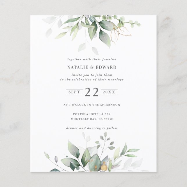 Flyer boda de vegetación foliage de acuarela de presupue (Frente)