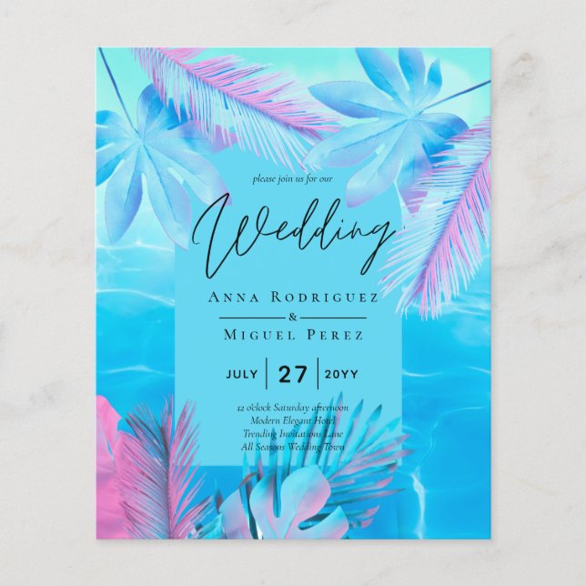 Flyer Boda de verano tropical moderno Aqua Blue Pink (Frente)