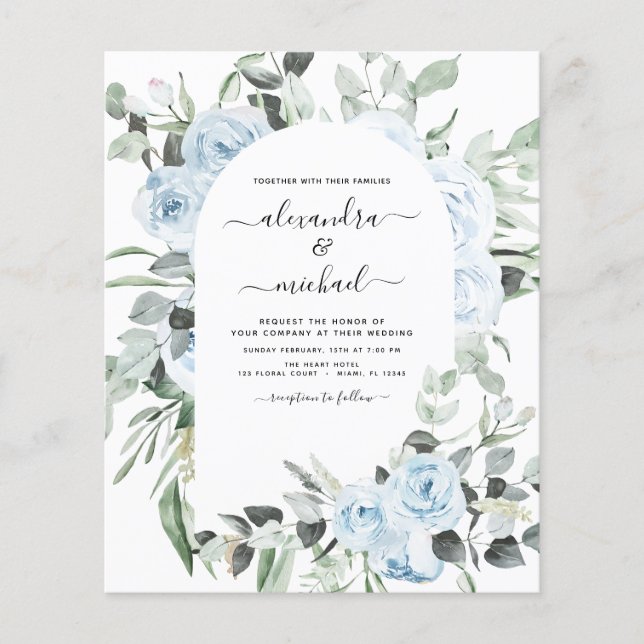 Flyer Boda de Verdor Floral Azul Dusty Presupuestario (Frente)