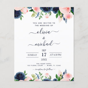 Flyer Boda Económica Floral Azul Marino Rosa Pálido