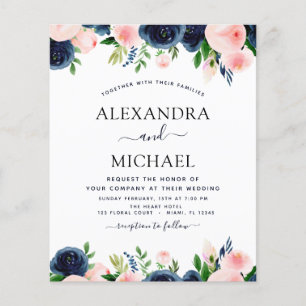 Flyer Boda Económica Floral Rosa Rosado Azul Marino