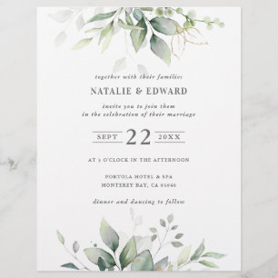 Flyer Boda elegante verde botánico acuarela oro