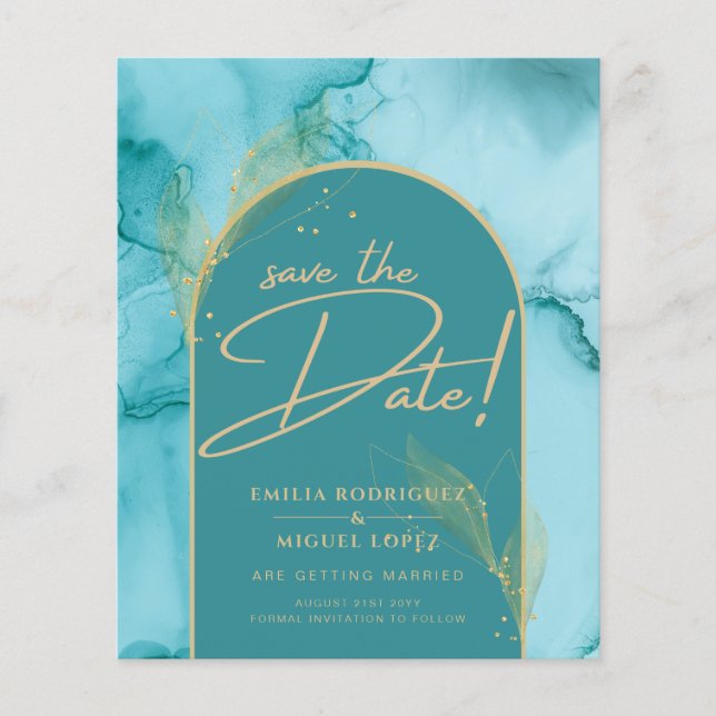 Flyer Boda en turquesa teal y dorado Save the DATE (Frente)