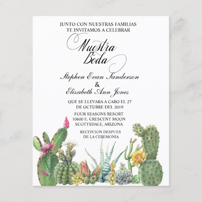 Flyer Boda español Cactus Succulent Garden Invitación (Frente)