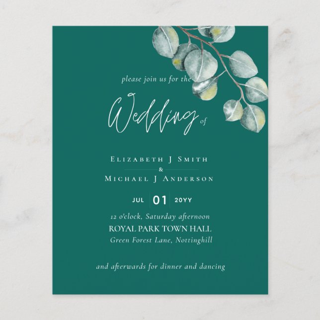 Flyer Boda EUCALYPTUS blanco de bajo presupuesto VERDE A (Frente)
