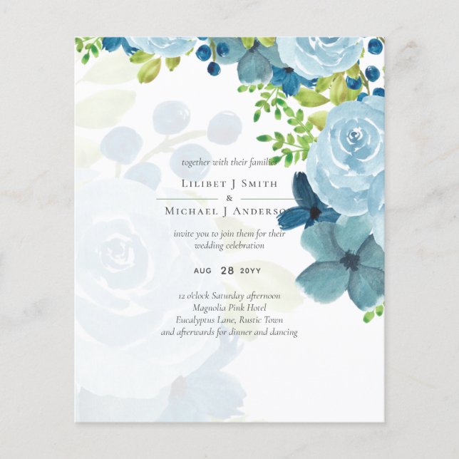 Flyer Boda Floral Azul Dusty Presupuestario (Frente)