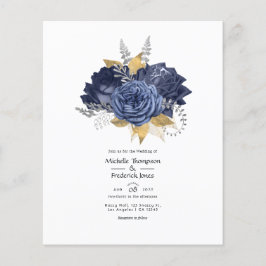 Flyer Boda floral azul marino, dorado y plateado