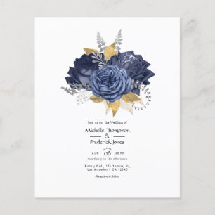 Flyer Boda floral azul marino, dorado y plateado