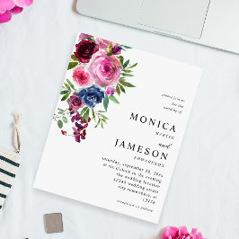 Flyer Boda floral azul marino y rosado caliente de presu