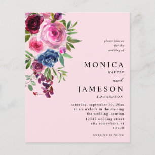 Flyer Boda floral azul marino y rosado caliente de presu