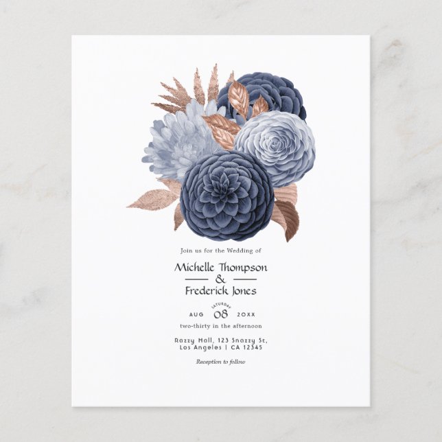 Flyer Boda floral azul polvoriento y dorado rosa (Frente)
