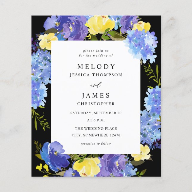 Flyer Boda floral azul precoz y amarillo - negro (Frente)