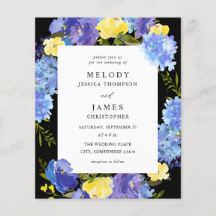 Flyer Boda floral azul precoz y amarillo - negro