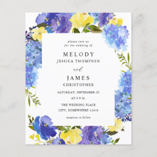 Flyer Boda floral azul, púrpura y amarillo con presupues
