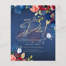 Flyer Boda floral azul ruidosa de Borgoña AHORRA LA FECH