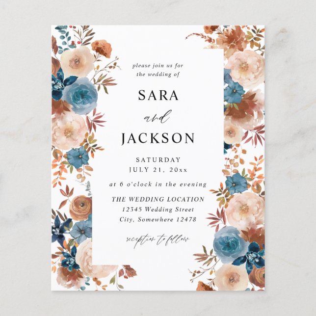 Flyer Boda floral beige y azul turbio (Frente)