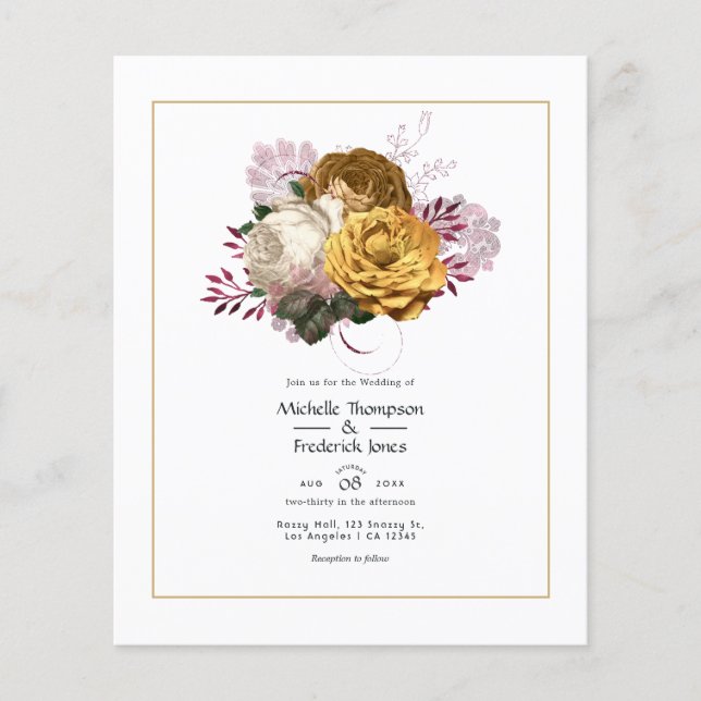 Flyer Boda floral blanca, borgoña y dorada (Frente)