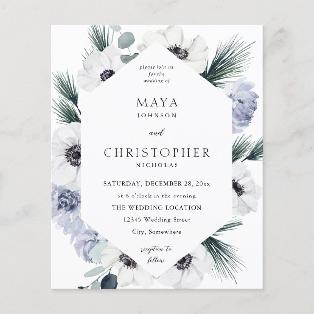 Flyer Boda Floral Blanca de Invierno de Anémona Presupue (Frente)