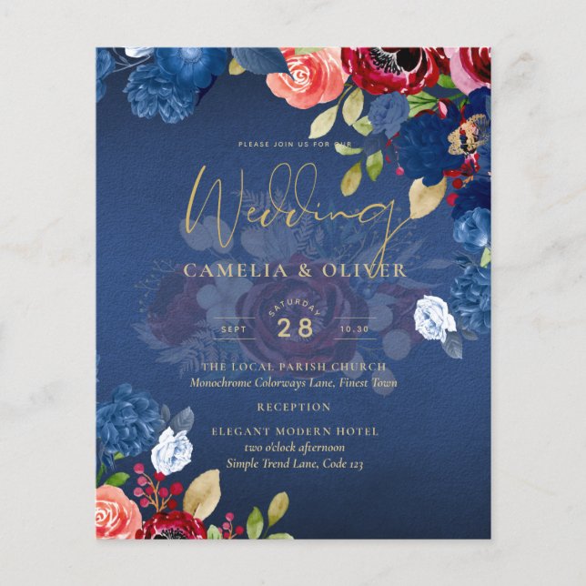 Flyer Boda Floral Burgundy Rústica Azul (Frente)
