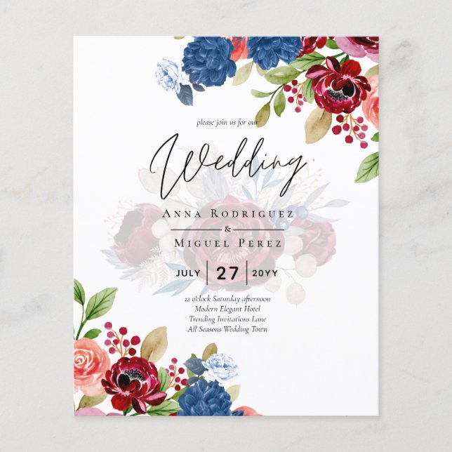 Flyer Boda Floral Burgundy Rústica Azul (Frente)