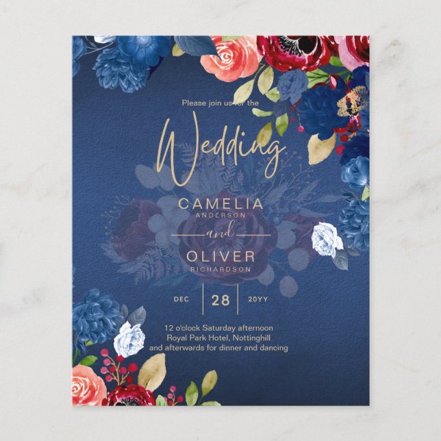 Flyer Boda Floral Burgundy Rústica Azul (Frente)