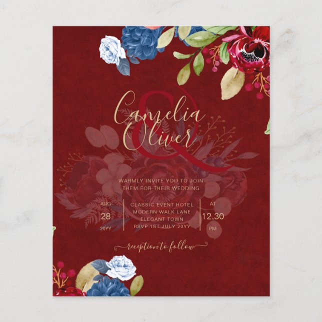 Flyer Boda Floral Burgundy Rústica Azul (Frente)