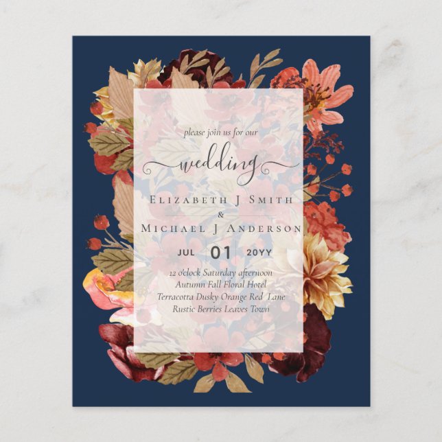 Flyer Boda Floral Caída - PRESUPUESTO Naranja Borgoña (Frente)