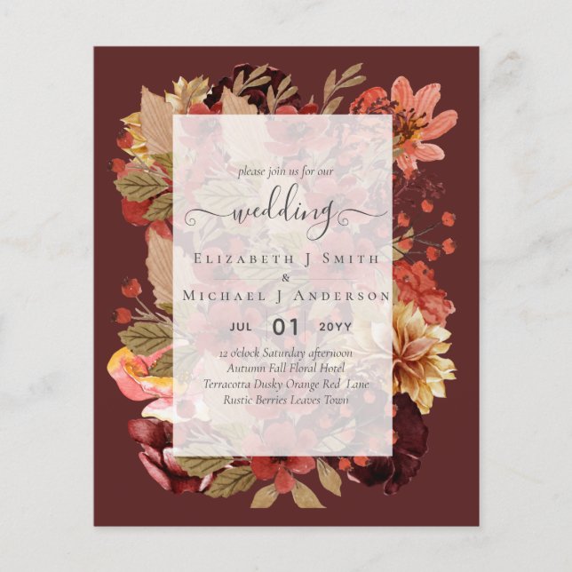 Flyer Boda Floral Caída - PRESUPUESTO Naranja Borgoña (Frente)