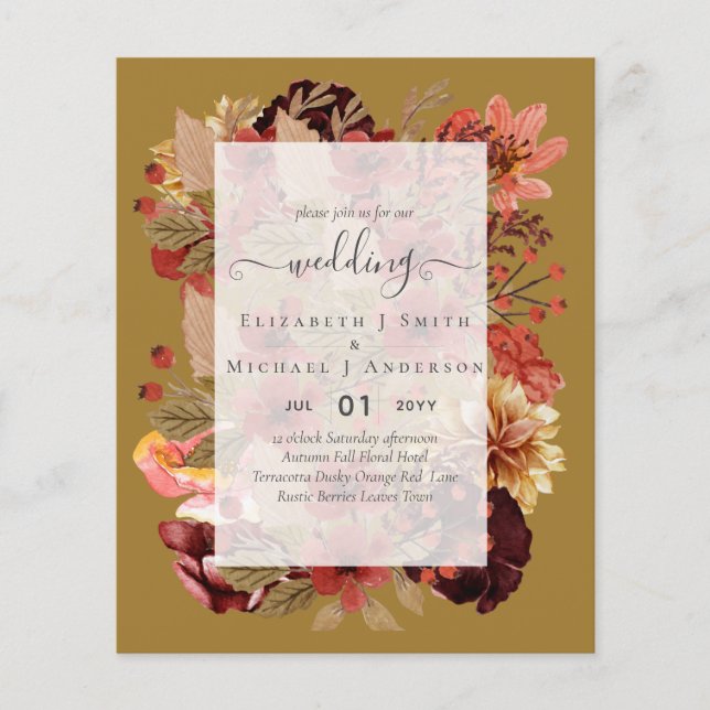 Flyer Boda Floral Caída - PRESUPUESTO Naranja Borgoña (Frente)