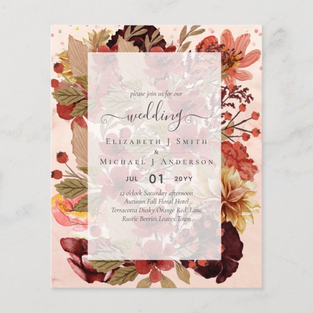 Flyer Boda Floral Caída - PRESUPUESTO Naranja Borgoña (Frente)
