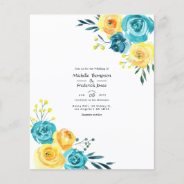 Flyer Boda floral de acuarela turquesa y amarillo