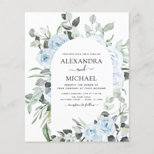 Flyer Boda floral de azul polvoriento con presupuesto