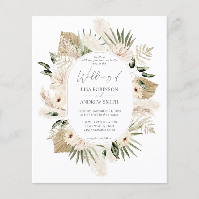 Flyer Boda floral de Boho Pampas Grass & Beige (Frente)