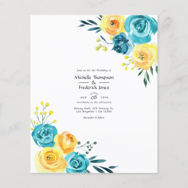 Flyer Boda floral de color turquesa y amarillo (Frente)