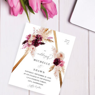 Flyer Boda floral de gramíneas de marco de boho rosa de