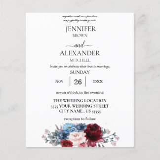 Flyer Boda floral de la marina de presupuesto azul, blan