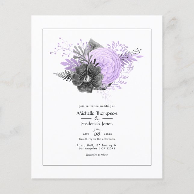 Flyer Boda floral de lila y carbón (Frente)