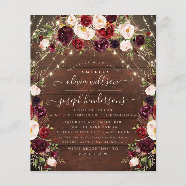 Flyer Boda floral de luces de madera rústica elegante (Frente)