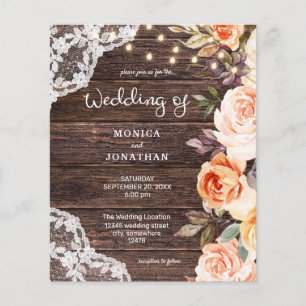 Flyer Boda floral de madera, encaje, rosa y melocotón