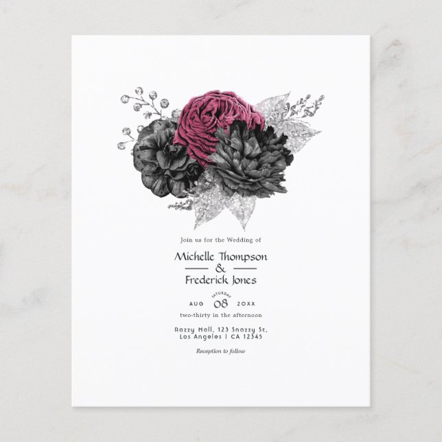 Flyer Boda floral de Marsala, negro y plata (Frente)