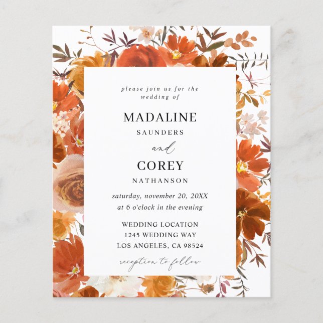 Flyer Boda floral de otoño rojo y Naranja presupuestario (Frente)