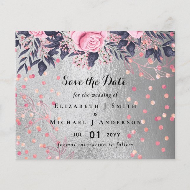 Flyer Boda Floral de PInk de la Marina de Plata LeahG Ro (Frente)
