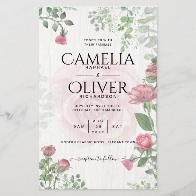 Flyer Boda floral de rosas rosadas polvorientas todo en  (Frente)